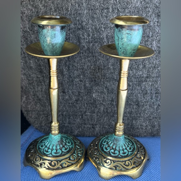 Vintage Brass and Turquoise Candle Holders and spice tower.Made in Isreal.